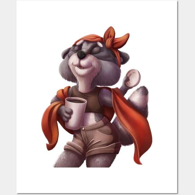 raccoon girl loves hot coffee Wall Art by KrisPlazun